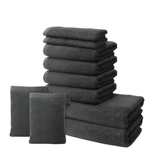 10 er Set Handtücher | 2 Badetücher 70x140cm + 4 Handtücher 50x100cm + 2 Gästehandtücher 30x50cm + 2 Waschlappen 15x20cm | Weich & Flauschig | 100% Baumwolle | 500g/m² | Oeko-Tex | Ôhm | Dunkelgrau von Ôhm