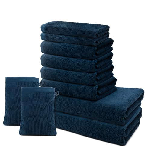 10 er Set Handtücher | 2 Badetücher 70x140cm + 4 Handtücher 50x100cm + 2 Gästehandtücher 30x5cm + 2 Waschlappen 15x20cm | Weich & Flauschig | 100% Baumwolle | 500g/m² | Oeko-Tex | Ôhm | Dunkelblau von Ôhm