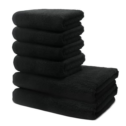 6 er Set Handtücher | 2 Badetücher Erwachsene 70x140 cm + 4 Handtücher 50x100 cm | Frottee Weich & Flauschig | 100% Baumwolle | Frottier Duschtuch Badetuch | Oeko-Tex | 500g/m² | Ôhm | Schwarz von Ôhm
