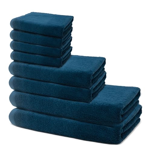8 er Set Handtücher | 2 Badetücher 70x140 cm + 2 Handtücher 40x70 cm + 4 Seiftücher 30x30 cm | Frottee Weich & Flauschig | 100% Baumwolle | Badehandtuch Duschtuch | 500g/m² | Oeko-Tex | Ôhm | Blau von Ôhm
