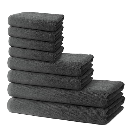 8 er Set Handtücher | 2 Badetücher 70x140 cm + 2 Handtücher 40x70 cm + 4 Seiftücher 30x30 cm | Frottee Weich & Flauschig | 100% Baumwolle | Badehandtuch Duschtuch | 500g/m² | Oeko-Tex | Ôhm | Grau von Ôhm