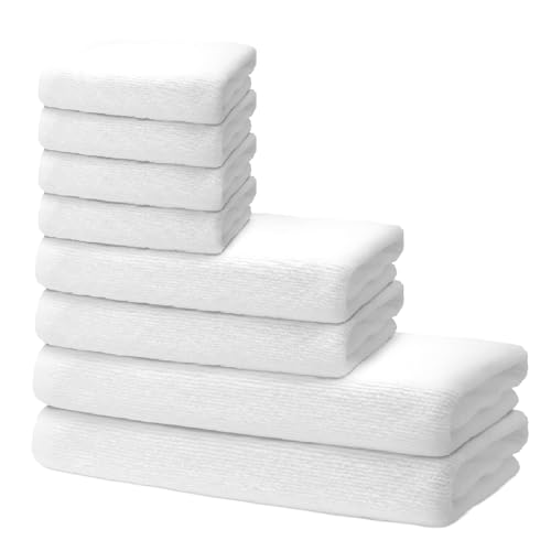 8 er Set Handtücher | 2 Badetücher 70x140 cm + 2 Handtücher 40x70 cm + 4 Seiftücher 30x30 cm | Frottee Weich & Flauschig | 100% Baumwolle | Badehandtuch Duschtuch | 500g/m² | Oeko-Tex | Ôhm | Weiß von Ôhm