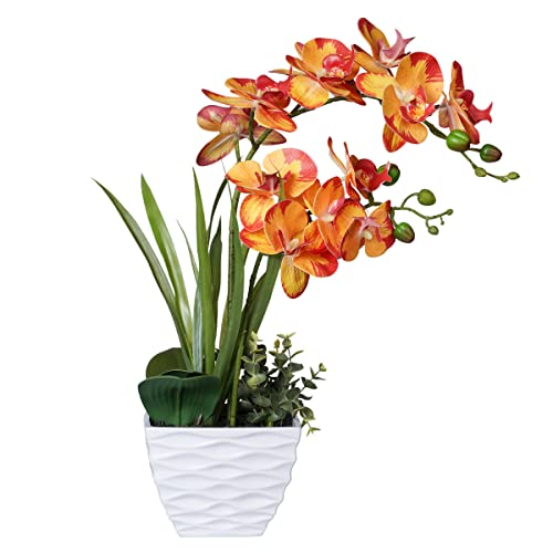 Ohmywor Künstliche Blumen Orange Orchidee Blumen Faux Phalaenopsis Arrangements Fake Blumen mit weißem Topf 48 cm hoch für Home Decor Indoor Wohnzimmer Badezimmer von Ohmywor