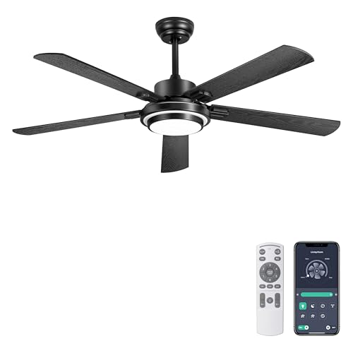 Ohniyou 52 Zoll (132cm) Deckenventilator mit Beleuchtung und Fernbedienung, App-Steuerung, Dimmbar, Umkehrbar, Leiser DC-Motor, Schwarzer Innen-/Außen-Deckenventilator für Schlafzimmer Terrasse von Ohniyou