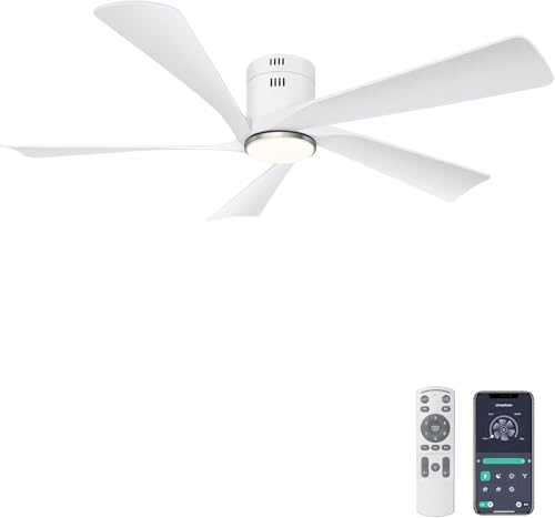 Ohniyou Deckenventilator mit 132 cm (52 Zoll), mit LED-Lichtern, Fernbedienung und App-Steuerung, Deckenventilator für den Außenbereich, dimmbar, leiser DC-Motor, wendbar, Weiß von Ohniyou