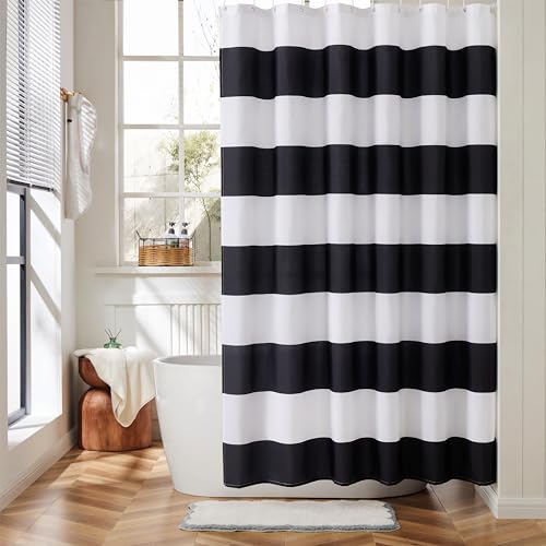 Ohocut Gestreifter Duschvorhang, moderne Duschvorhänge für Badezimmer, niedlicher Retro-Vintage-Stil, schwarz-weiße Streifen, rustikaler Bauernhaus-Badezimmer-Duschvorhang, wasserdichter Ohocut Gestreifter Duschvorhang, moderne Duschvorhänge für Badezimmer, niedlicher Retro-Vintage-Stil, schwarz-weiße Streifen, rustikaler Bauernhaus-Badezimmer-Duschvorhang, wasserdichter von Ohocut