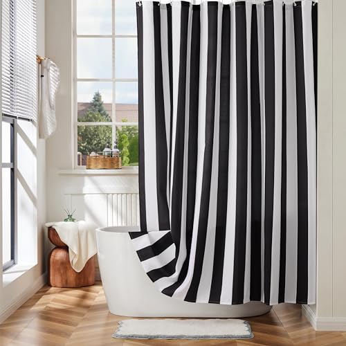Ohocut Vertikal gestreifter Duschvorhang, niedlicher Retro-Vintage-Stil, schwarz-weiß gestreift, Badezimmer-Duschvorhang, wasserdichtes Polyestergewebe, moderner Badvorhang für Badezimmer, 183 x 183 Ohocut Vertikal gestreifter Duschvorhang, niedlicher Retro-Vintage-Stil, schwarz-weiß gestreift, Badezimmer-Duschvorhang, wasserdichtes Polyestergewebe, moderner Badvorhang für Badezimmer, 183 x 183 von Ohocut