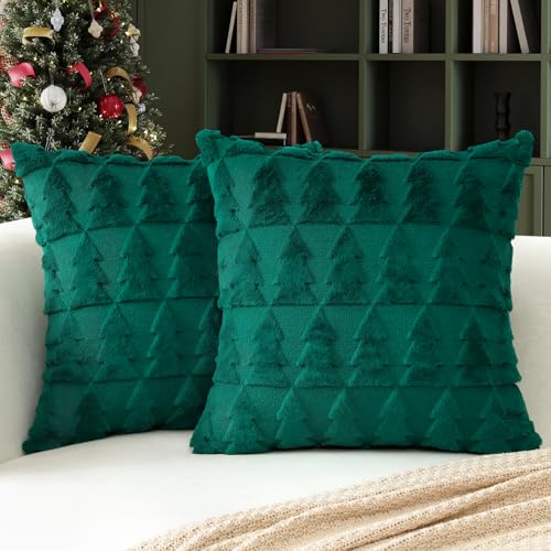 Ohok 2er Set Weihnachten Kissenbezug, Weiche Zierkissenbezüge Modern Dekokissen Kissenhülle Set Weihnachtsdeko für Sofa Couch Wohnzimmer Schlafzimmer (Plüsch Weihnachtsbaum Dunkelgrün, 40x40cm) von Ohok