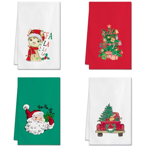 Ohok 4 Stück Weihnachten Handtücher 45x65 cm, Mode Dekoration Küchentücher Grinch Weihnachtsmann Geschirrtücher Weiche Mikrofasertücher für Badezimmer Küche Trockentuch Weihnachten Deko (Set D) von Ohok