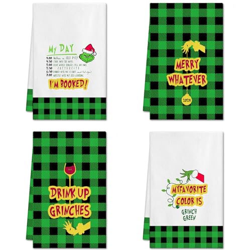 Ohok 4 Stück Weihnachten Handtücher 45x65 cm, Mode Dekoration Küchentücher Grinch Weihnachtsmann Geschirrtücher Weiche Mikrofasertücher für Badezimmer Küche Trockentuch Weihnachten Deko (Set Q) von Ohok