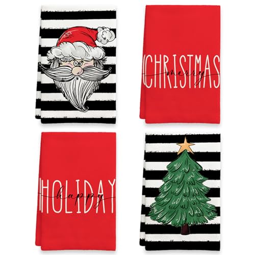 Ohok 4 Stück Weihnachten Handtücher 45x65 cm, Mode Dekoration Küchentücher Weihnachtsmann Geschirrtücher Weiche Mikrofasertücher für Badezimmer Küche Trockentuch Weihnachten Deko (Set X) von Ohok