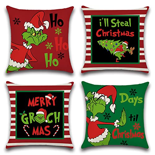 Ohok 4 Stück weiche dekorative quadratische Kissenbezüge Kissenbezüge 45 x 45 cm für Wohnzimmer, Sofa, Schlafzimmer, Couch (Christmas Grinch HO HO) von Ohok