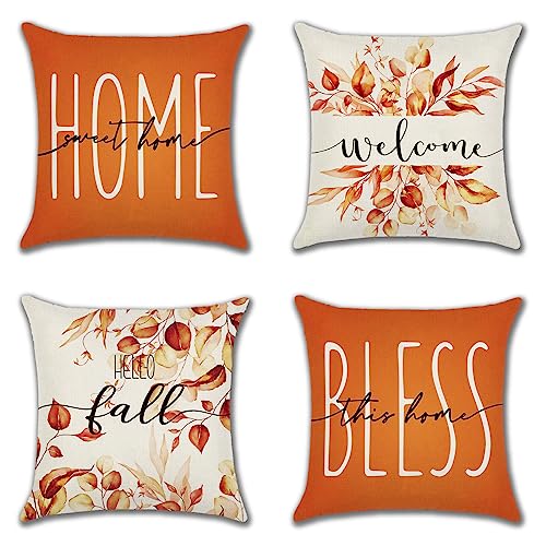 Ohok 4er Set Dekorativ Herbst Kissenbezug mit Motiv 45x45 cm, Polyester Leinen Zierkissenbezüge, Deko Sofakissen Couchkissen Kissenhülle Set für Schlafzimmer Wohnzimmer Sofa Couch Auto (Home Bless) von Ohok