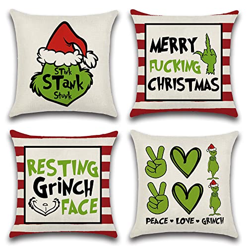 Ohok 4er Set Dekorativ Kissenbezug, Polyester Leinen Zierkissenbezüge Weihnachten Kissenbezüge Dekor Kissenhülle Set für Schlafzimmer Wohnzimmer Sofa Couch Auto (45x45 cm, Peace Love Grinch) von Ohok