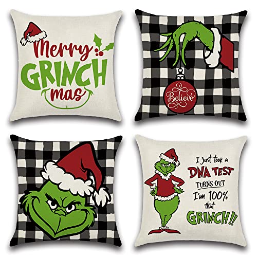 Ohok 4er Set Dekorativ Kissenbezug, Polyester Leinen Zierkissenbezüge Weihnachten Kissenbezüge Dekor Kissenhülle Set für Schlafzimmer Wohnzimmer Sofa Couch Auto (45x45 cm, Schwarz Plaid Grinch) von Ohok