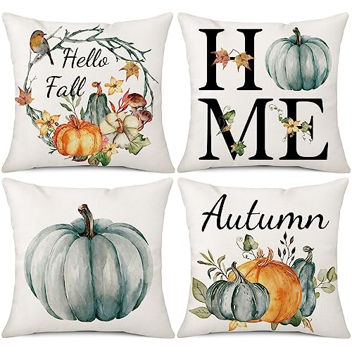 Ohok 4er Set Dekorativ Kissenbezug mit Herbst Motiv 45x45 cm, Polyester Leinen Zierkissenbezüge, Deko Sofakissen Couchkissen Kissenhülle Set für Wohnzimmer Schlafzimmer Sofa (Ahornblatt Kürbis H) von Ohok