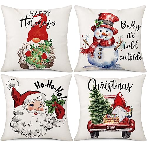 Ohok 4er Set Dekorativ Weihnachten Kissenbezug 45x45 cm, Polyester Leinen Zierkissenbezüge Grinch Hirsch Schneemann Kissenbezüge Dekor Kissenhülle Set für Schlafzimmer Wohnzimmer Sofa Couch Auto (F) von Ohok