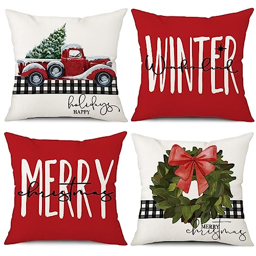 Ohok 4er Set Dekorativ Weihnachten Kissenbezug 45x45 cm, Polyester Leinen Zierkissenbezüge Grinch Hirsch Schneemann Kissenbezüge Dekor Kissenhülle Set für Schlafzimmer Wohnzimmer Sofa Couch Auto (T) von Ohok