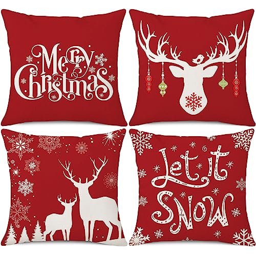 Ohok 4er Set Dekorativ Weihnachten Kissenbezug 45x45 cm, Polyester Leinen Zierkissenbezüge Grinch Hirsch Schneemann Kissenbezüge Dekor Kissenhülle Set für Schlafzimmer Wohnzimmer Sofa Couch Auto (D) von Ohok