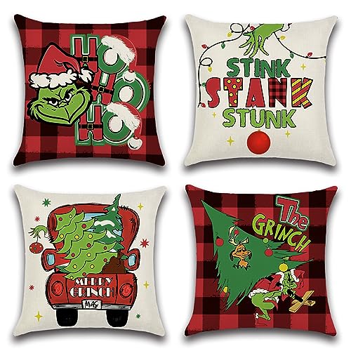 Ohok 4er Set Dekorativ Weihnachten Kissenbezug 45x45 cm, Polyester Leinen Zierkissenbezüge Kissenbezüge Dekor Kissenhülle Set für Schlafzimmer Wohnzimmer Sofa Couch Auto (Grinch und Weihnachtsbaum) von Ohok