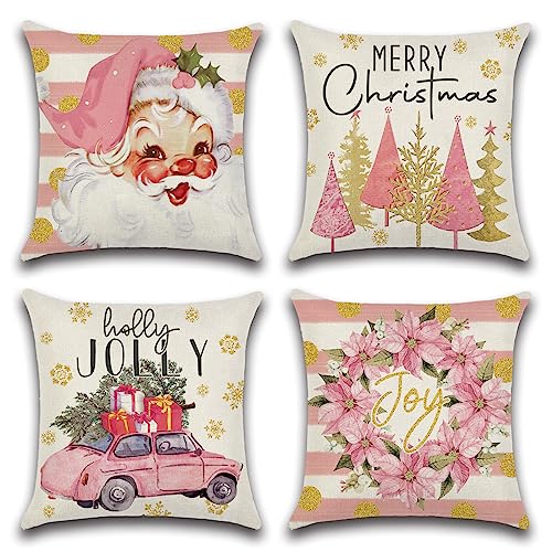 Ohok 4er Set Dekorativ Weihnachten Kissenbezug 45x45 cm, Polyester Leinen Zierkissenbezüge Kissenbezüge Dekor Kissenhülle Set für Schlafzimmer Wohnzimmer Sofa Couch Auto (Rosa Weihnachtsmann) von Ohok