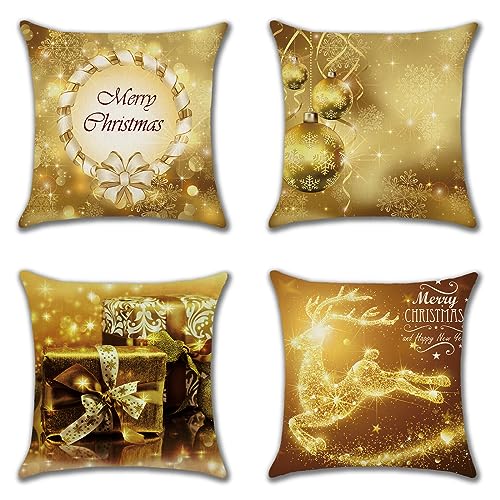 Ohok 4er Set Dekorativ Weihnachten Kissenbezug 45x45 cm, Polyester Leinen Zierkissenbezüge Kissenbezüge Dekor Kissenhülle Set für Wohnzimmer Schlafzimmer Couch Sofa (Funkelnde Weihnachten) von Ohok