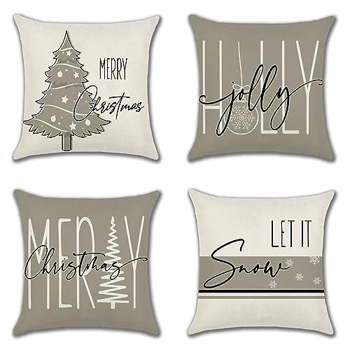 Ohok 4er Set Dekorativ Weihnachten Kissenbezug 45x45 cm, Polyester Leinen Zierkissenbezüge Kissenbezüge Dekor Kissenhülle Set für Wohnzimmer Schlafzimmer Couch Sofa (Weihnachtsbaum C) von Ohok