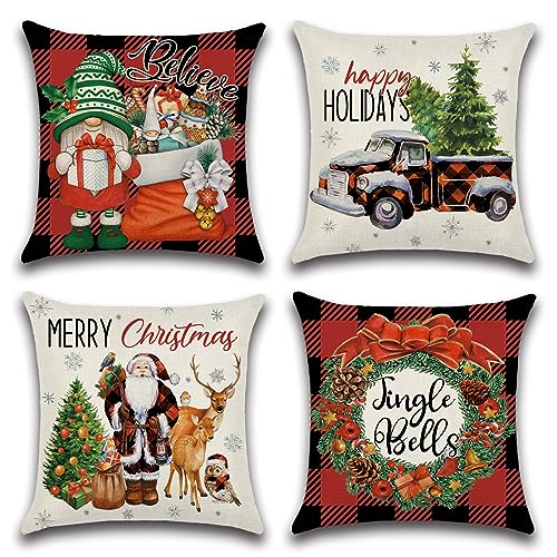 Ohok 4er Set Dekorativ Weihnachten Kissenbezug 45x45 cm, Polyester Leinen Zierkissenbezüge Kissenbezüge Dekor Kissenhülle Set für Wohnzimmer Schlafzimmer Sofa Couch Auto (Weihnachtsmann Überraschung) von Ohok