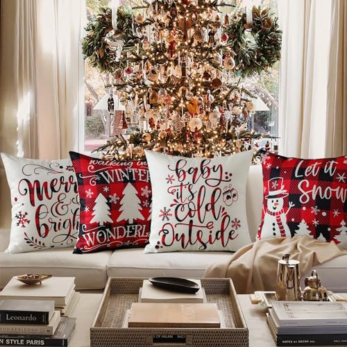 Ohok 4er Set Dekorativ Weihnachten Kissenbezug 45x45 cm, Polyester Leinen Zierkissenbezüge Merry Christmas Kissenbezüge Dekor Kissenhülle Set für Schlafzimmer Wohnzimmer Sofa Couch (Rot-Schwarz Plaid) von Ohok