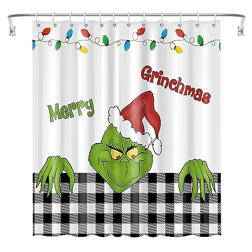 Ohok Badezimmer Duschvorhang 180 x 180 cm, wasserdichte Weihnachten Duschvorhänge mit 12 Haken, Baddekoration Badvorhang Langlebiger Polyester Badvorhang (Grinchy Grinch) von Ohok