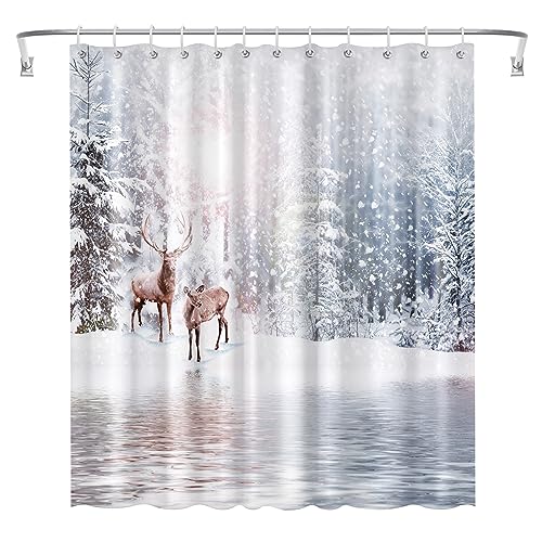 Ohok Badezimmer Duschvorhang 180 x 180 cm, wasserdichte Weihnachten Duschvorhänge mit 12 Haken, Baddekoration Badvorhang Langlebiger Polyester Badvorhang (Hirsche) von Ohok