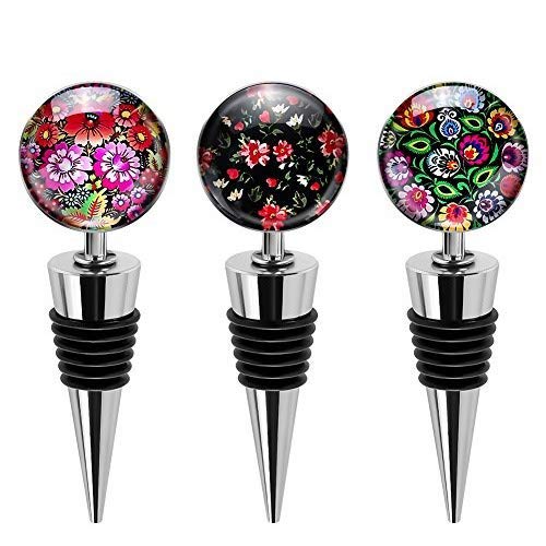 Ohok Flaschenverschluss Weinverschluss mit Glas, 3 Stück Weinflasche Stopper Wiederverwendbare Edelstahl Weinstopfen für Geschenke, Bar, Urlaubsparty, Hochzeit (Blumen) von Ohok