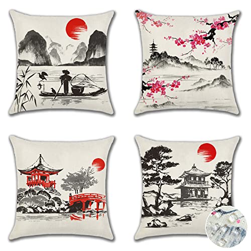 Ohok Wasserdicht Kissenbezug 45x45 cm, 4er Set Dekorativ Outdoor Kissenhülle Deko Sofakissen Couchkissen Zierkissenbezüge für Sofa Wohnzimmer Balkon Garten Auto (Japanischer Stil) von Ohok