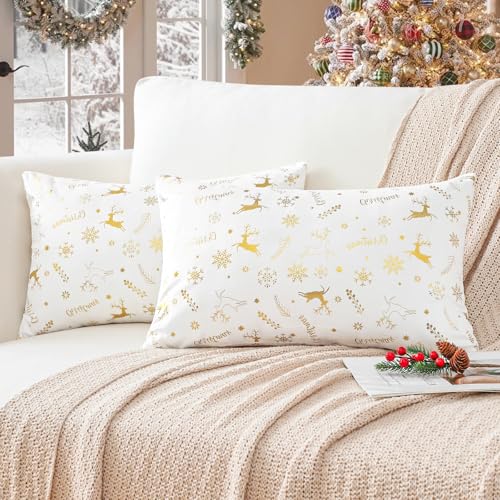 Ohok Weihnachten Gold Heißpräge Samt Kissenbezug, 2er Set Dekorativ Kissenhülle Deko Sofakissen Couchkissen Zierkissenbezüge für Sofa Wohnzimmer Schlafzimmer (Weiß Hirsch, 30x50 cm) von Ohok