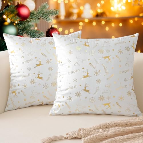 Ohok Weihnachten Gold Heißpräge Samt Kissenbezug, 2er Set Dekorativ Kissenhülle Deko Sofakissen Couchkissen Zierkissenbezüge für Sofa Wohnzimmer Schlafzimmer (Weiß Hirsch, 45x45 cm) von Ohok