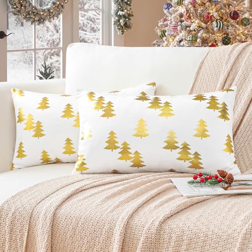 Ohok Weihnachten Gold Heißpräge Samt Kissenbezug, 2er Set Dekorativ Kissenhülle Deko Sofakissen Couchkissen Zierkissenbezüge für Sofa Wohnzimmer Schlafzimmer (Weiß Weihnachtsbaum, 30x50 cm) von Ohok