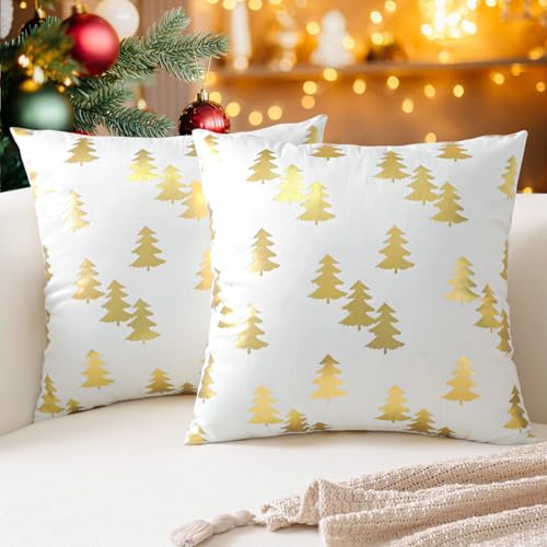Ohok Weihnachten Gold Heißpräge Samt Kissenbezug, 2er Set Dekorativ Kissenhülle Deko Sofakissen Couchkissen Zierkissenbezüge für Sofa Wohnzimmer Schlafzimmer (Weiß Weihnachtsbaum, 60x60 cm) von Ohok