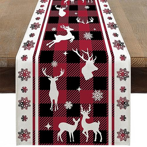 Ohok Weihnachten Tischläufer 33 x 183 cm, Leinen Weihnachten Serie Tischdecke Küche Esstisch Dekoration für Drinnen und Draußen Urlaub Party Wohnzimmer Dekor (Plaid Hirsche) von Ohok