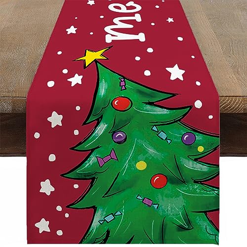 Ohok Weihnachten Tischläufer 33 x 183 cm, Leinen Weihnachten Serie Tischdecke Küche Esstisch Dekoration für Drinnen und Draußen Urlaub Party Wohnzimmer Dekor (Weihnachtsbaum) von Ohok