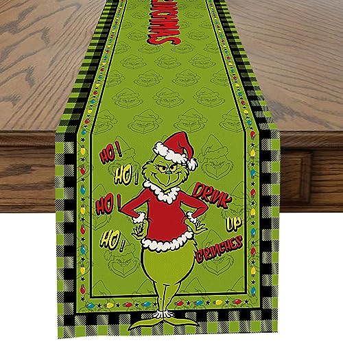 Ohok Weihnachten Tischläufer 33 x 183 cm, Leinen Weihnachten Serie Tischläufer Küche Esstisch Dekoration für Drinnen und Draußen Urlaub Party Wohnzimmer Dekor (Grinch D) von Ohok