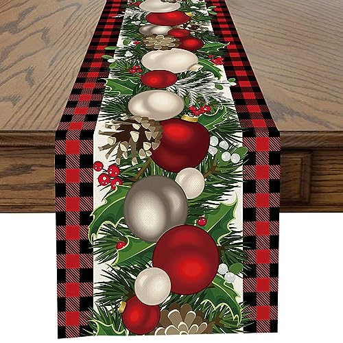 Ohok Weihnachten Tischläufer 33 x 183 cm, Leinen Weihnachten Serie Tischläufer Küche Esstisch Dekoration für Drinnen und Draußen Urlaub Party Wohnzimmer Dekor (Rot Plaid Weihnachtskranz) von Ohok