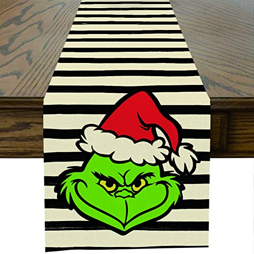 Ohok Weihnachten Tischläufer 33 x 183 cm, Leinen Weihnachtsgrinch Serie Tischläufer Küche Esstisch Dekoration für Drinnen und Draußen Urlaub Party Bauernhaus Wohnzimmer Dekor (Streifen B) von Ohok