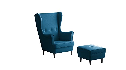 Ohrensessel Leo Loungesessel - Moderner Retro-Stoffsessel mit Holzbeinen -Sessel mit Armlehnen & Ohren - gepolsterter Stuhl für Esszimmer, Wohnzimmer und Büro (Blau, Mit Hocker) von dutis