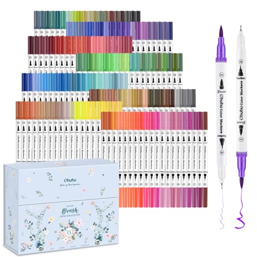 Ohuhu 160 Farben Filzstifte – Dual Brush Pen Set mit Doppelspitze (Pinsel & Fineliner), wasserbasierte Stifte für Erwachsene – Ideal für Bullet Journal, Kalligraphie Mandala, Maui Serie von Ohuhu