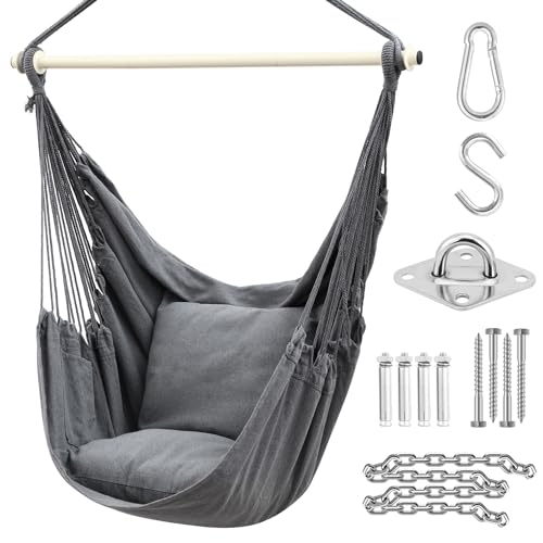 Ohuhu Hängesessel mit 2 Kissen und Deckenhaken-Kit, Hängesessel Outdoor XL Hängestuhl bis 150 kg für Erwachsene & Mädchen, Hängesitz Aufhängung Indoor Outdoor Schlafzimmer und Garten, Grau von Ohuhu