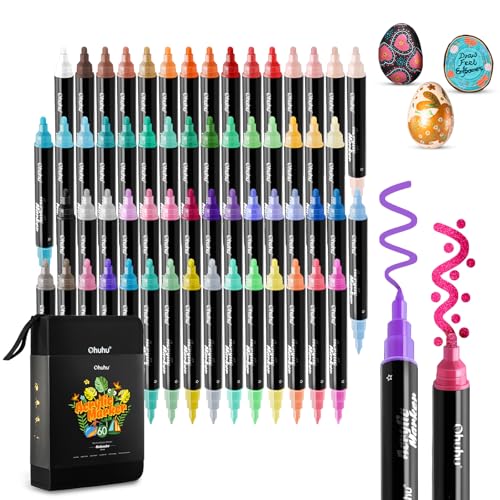 Ohuhu Acrylic Marker 60 Farben, Acrylstifte mit zwei Spitzen (rund und fein) Wasserfest Lichtecht Hohe Opazität Acrylmarker für Steine Bemalen Zeichnen Holz Glas Keramik Ostereier Kürbis - Kakaako von Ohuhu