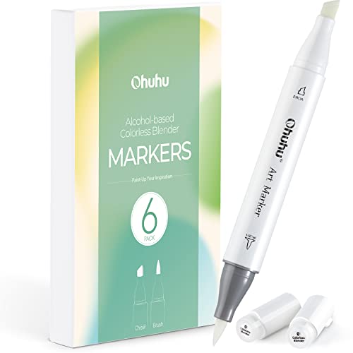 Ohuhu Alkoholmarkers Colorless Blenders - 6er-Pack Alkoholtinte No.0 Blender Brush Pen Markers zum einfachen Mischen von Schichten mit Alcohol Markers von Ohuhu