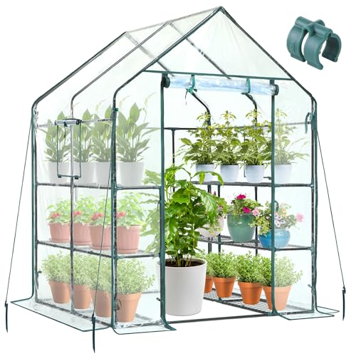 Ohuhu Gewächshaus Foliengewächshaus Winterfest Tomatenhaus mit Verbesserte Transparente PVC-Abdeckung, Begehbares Gewächshaus 3 Tiers 12 Regale Gewächshaus Klein für Garten 143x143x195 cm von Ohuhu