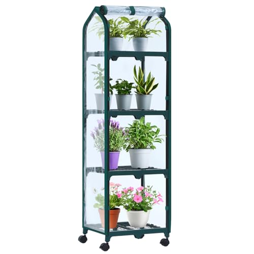Ohuhu Gewächshaus klein Premium Foliengewächshaus mit Verriegelungsräder, Folien Treibhaus mit 4 Regalen Anzuchthaus Treibhaus Platzsparend Frühbeet für Balkon Garten 41x33x132 cm Transparent von Ohuhu