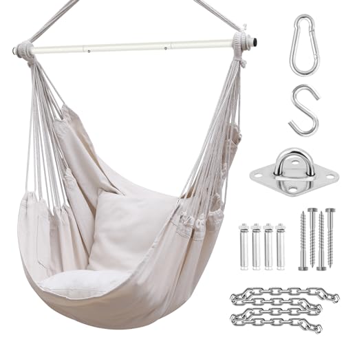 Ohuhu Hängesessel mit 2 Kissen und Deckenhaken Kit, Hängesessel Outdoor Stabiler & Sicherer Hängestuhl, Schaukel für Erwachsene & Mädchen, Stylischer Hängesessel Indoor, 150kg Tragkraft, Beige von Ohuhu